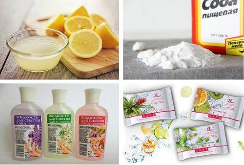 citron, bicarbonate de soude, serviettes et dissolvant pour vernis à ongles