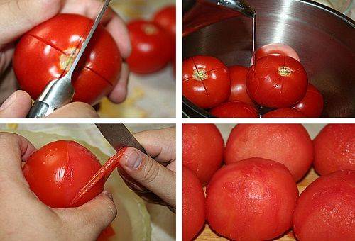 processus d'épluchage des tomates avec un couteau