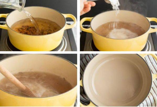 nettoyer la casserole avec une solution de savon et de soude