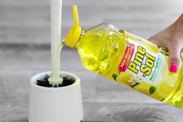 Nettoyer une brosse de toilette avec des produits chimiques ménagers