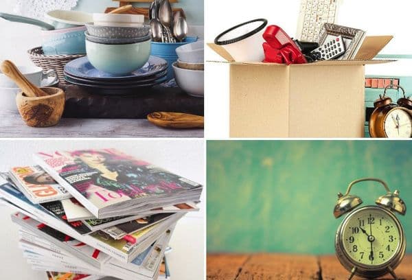 Vieux journaux, vaisselle, montres et objets