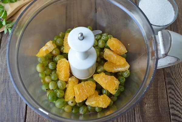 Groseilles à maquereau et oranges dans un bol mixeur
