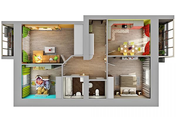 Toilettes face à la porte d'entrée