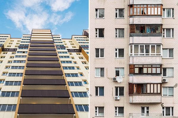 Nouveau bâtiment et ancienne maison à panneaux