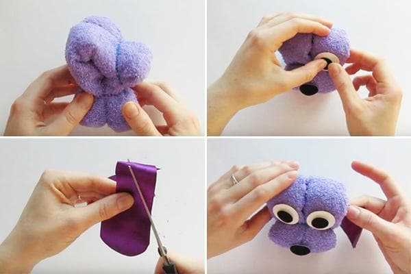 Fabriquer une figurine de chiot à partir d'une serviette et d'un ruban de satin