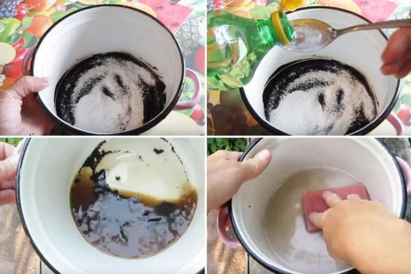 Enlever les dépôts de carbone du fond d'une casserole avec du soda et du vinaigre