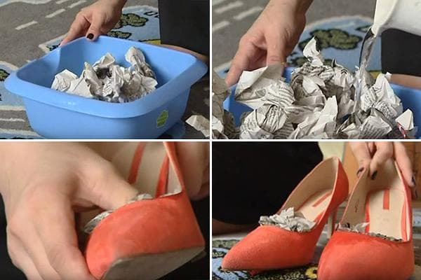 Étirer des chaussures en daim avec des journaux humides