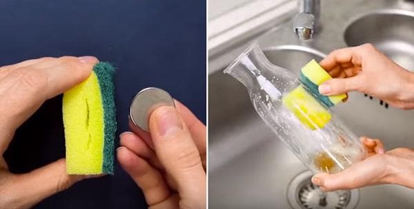 Nettoyer une bouteille avec une éponge et un aimant