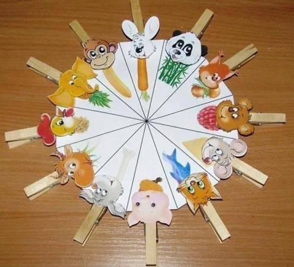 Jeu Qui mange quoi avec des pinces à linge et des images