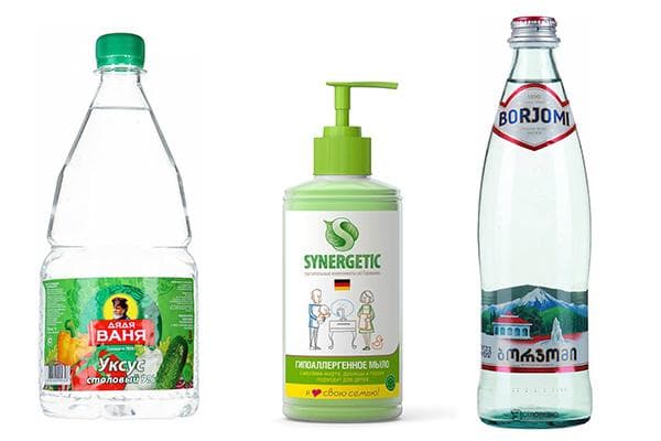 Vinaigre, savon liquide et Borjomi