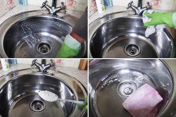 Polissage d'un évier de cuisine avec de la farine