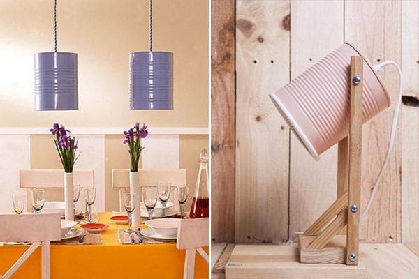 Suspensions et lampe de table fabriquées à partir de boîtes de conserve