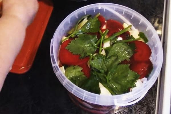 Verts et légumes dans un seau en plastique