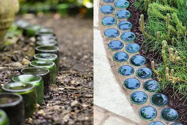 Bordures de jardin faites de bocaux et de bouteilles en verre