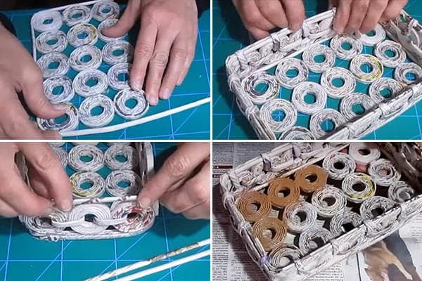 La deuxième étape du collage d'un panier de tubes de journaux