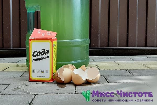 Du bicarbonate de soude et des coquilles d'œufs pour nettoyer les bouteilles vertes