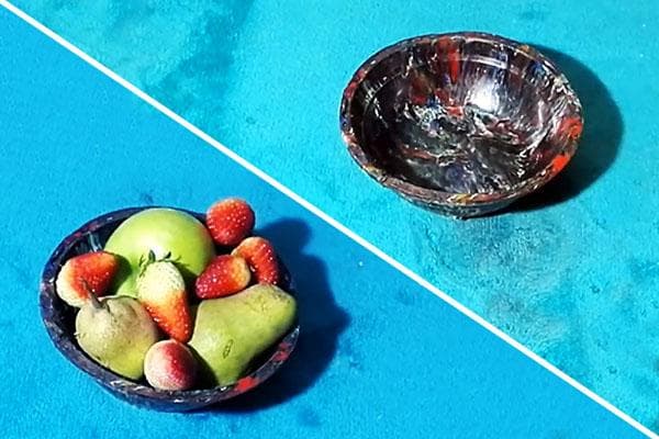 Bol fabriqué à partir de bouchons de bouteilles en plastique