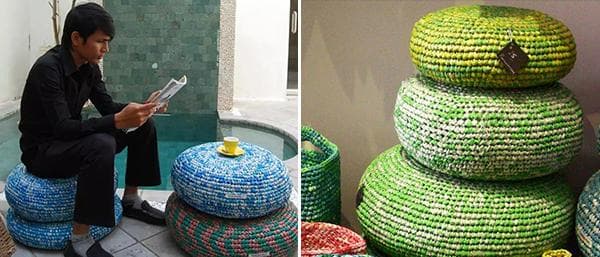 Ottomans tricotés à partir de vieux sacs