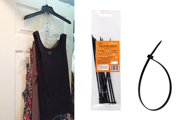 Cintres avec vêtements sur une chaîne faite de pinces en plastique