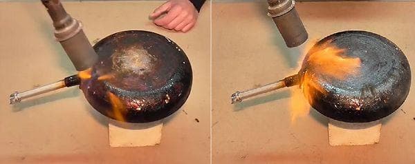 Traitement thermique d'une poêle à l'aide d'un chalumeau