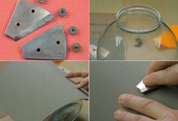 Affûtage des couteaux à glace sur un bocal en verre