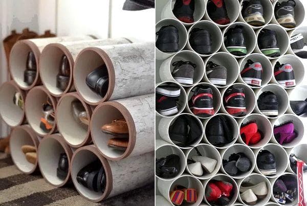 Stockage des chaussures dans des tuyaux en PVC