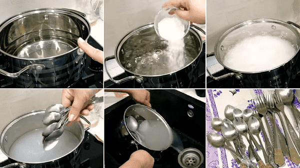 Faire bouillir des cuillères et des fourchettes dans du soda et de l'acide citrique