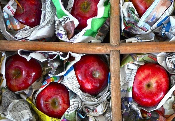 Pommes rouges dans une boîte