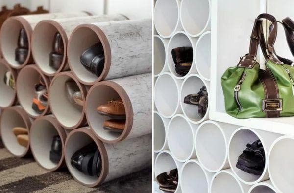Stockage des chaussures dans des tuyaux en PVC