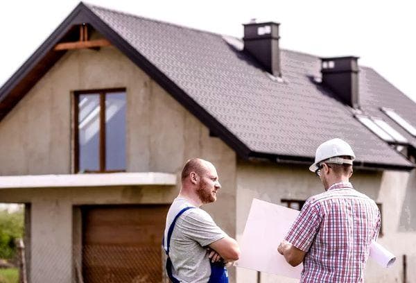 Contremaître avec un ouvrier lors de la construction d'une maison